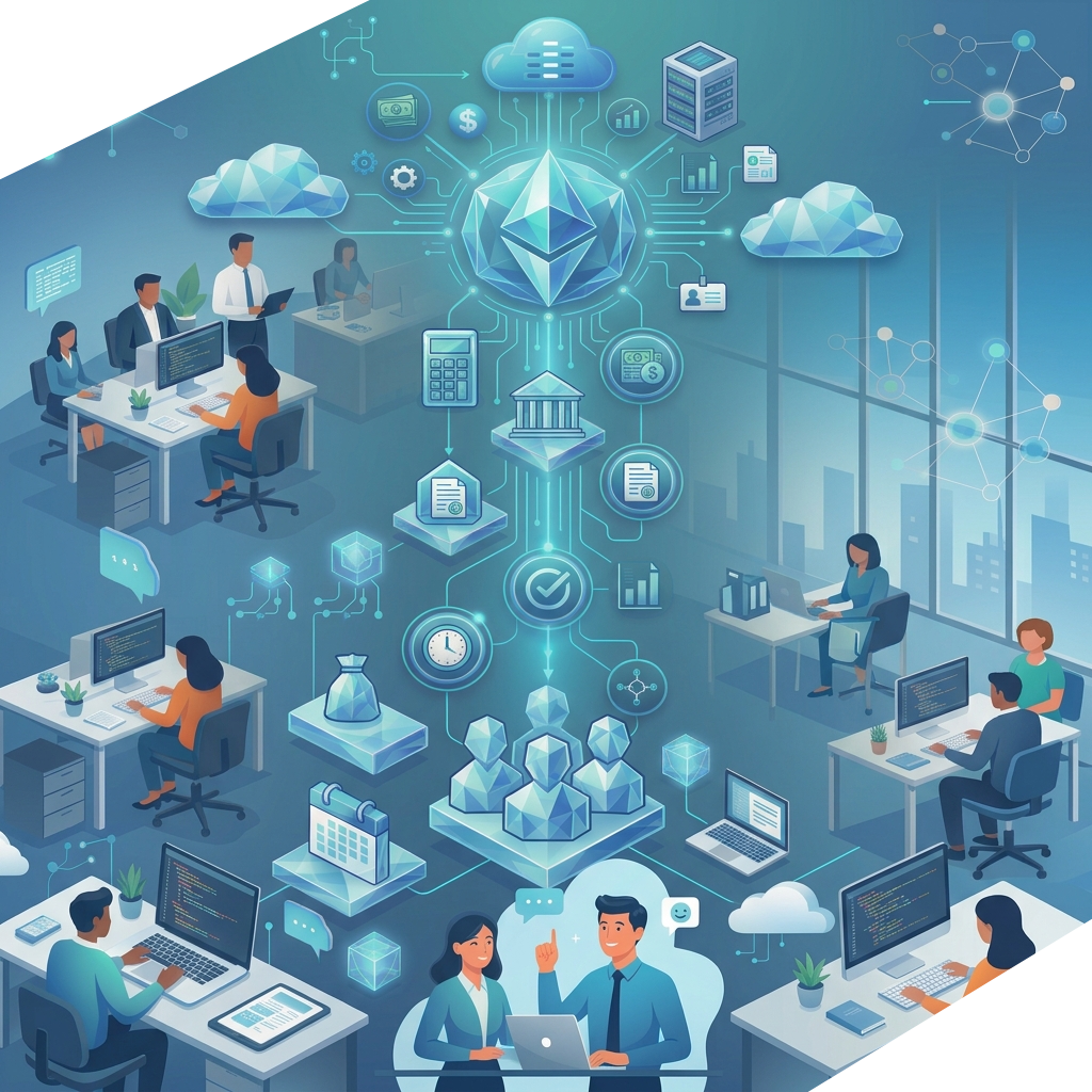 Illustration of a cloud-based data network with employees at computers connected by glowing circuits and icons.